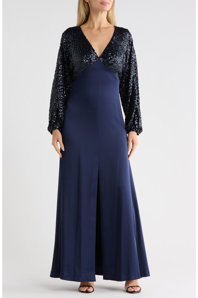Sequin Long Sleeve Empire Waist Gown, Main, color, SPRING NAVY