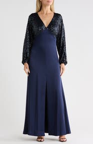 DKNY Sequin Long Sleeve Empire Waist Gown