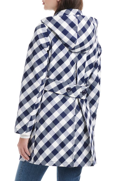 Kate Spade New York Water Resistant Gingham Print Hooded Rain Coat In Navy/white Gingham