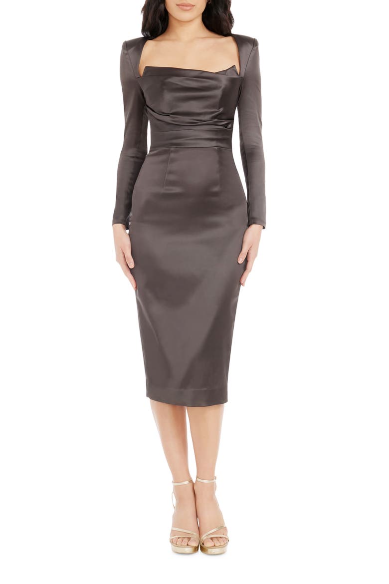 Pamela Long Sleeve Satin Cocktail Dress, Main, color, MOCHA