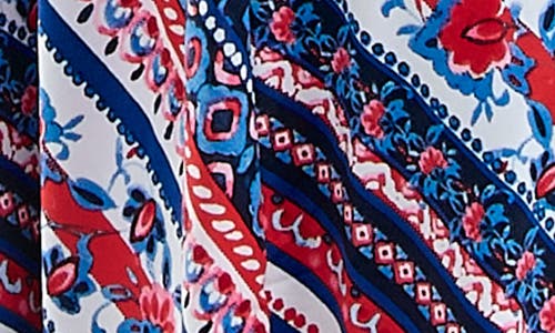 Nina Leonard Floral Stripe Three-quarter Sleeve A-line Dress In Red Blue Multi