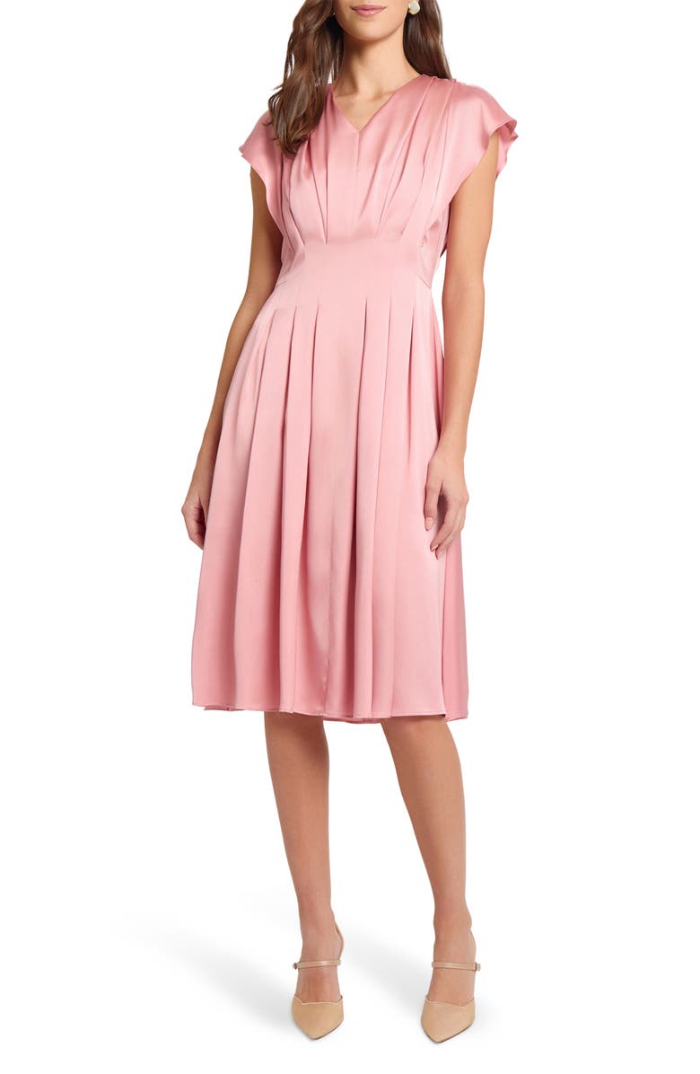 Misook Pleated Charmeuse Fit & Flare Dress, Main, color, Light Honey Suckle