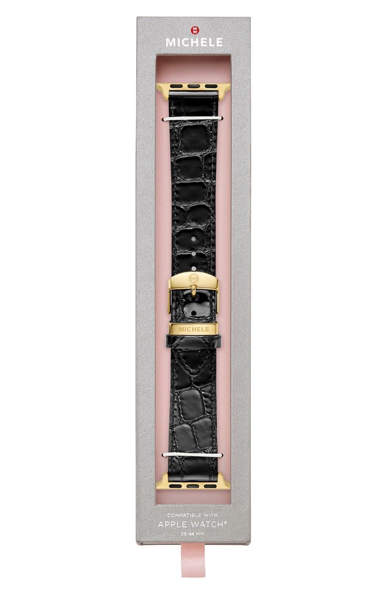 MICHELE Croc Embossed Leather 20mm Apple Watch<sup>®</sup> Watchband, Alternate, color, Black Gold