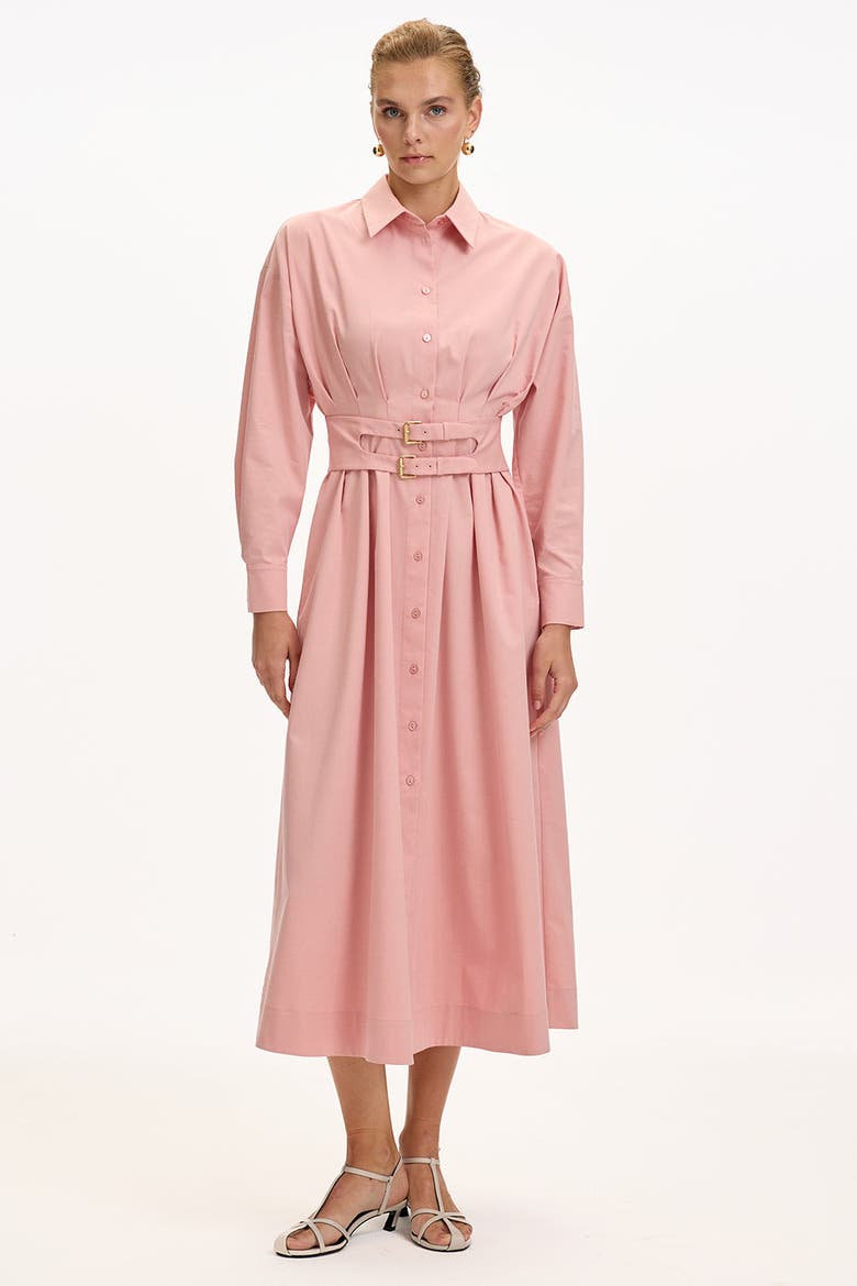 Belted Fitted Waist Midi Shirt Dress, Alternate, color, DRIED ROSE