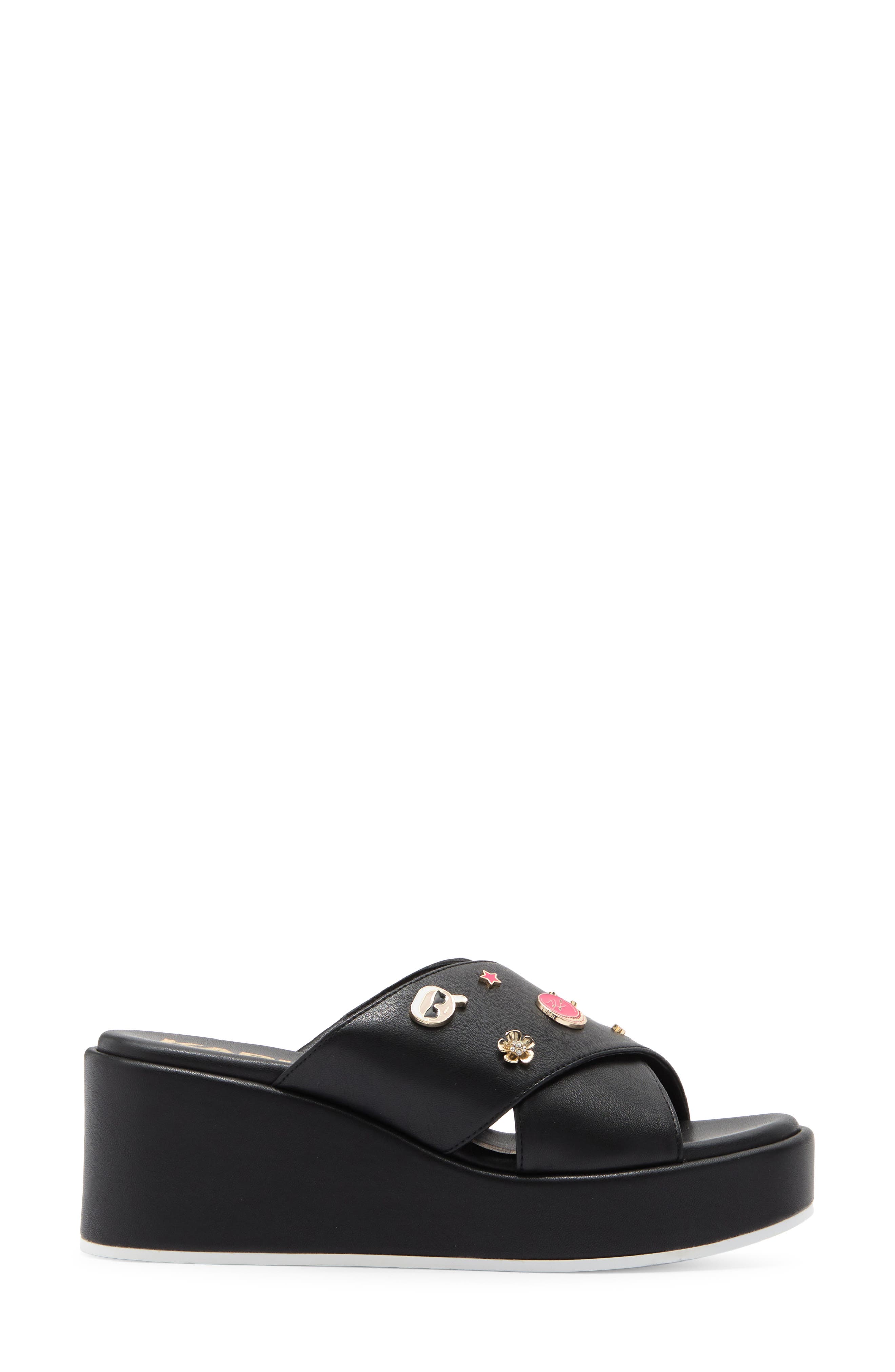 KARL LAGERFELD PARIS Caleigh Macaron Crisscross Wedge Sandal, Alternate, color, Black