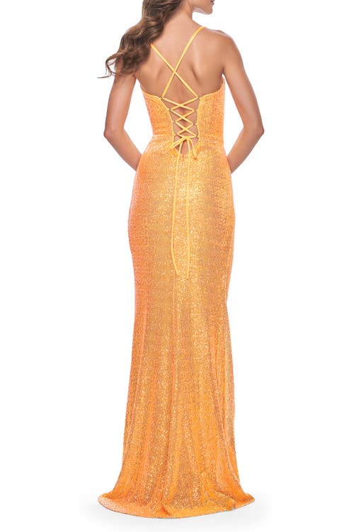 La Femme Bustier Sequin Neon Prom Dress With Lace Up Back In Orange