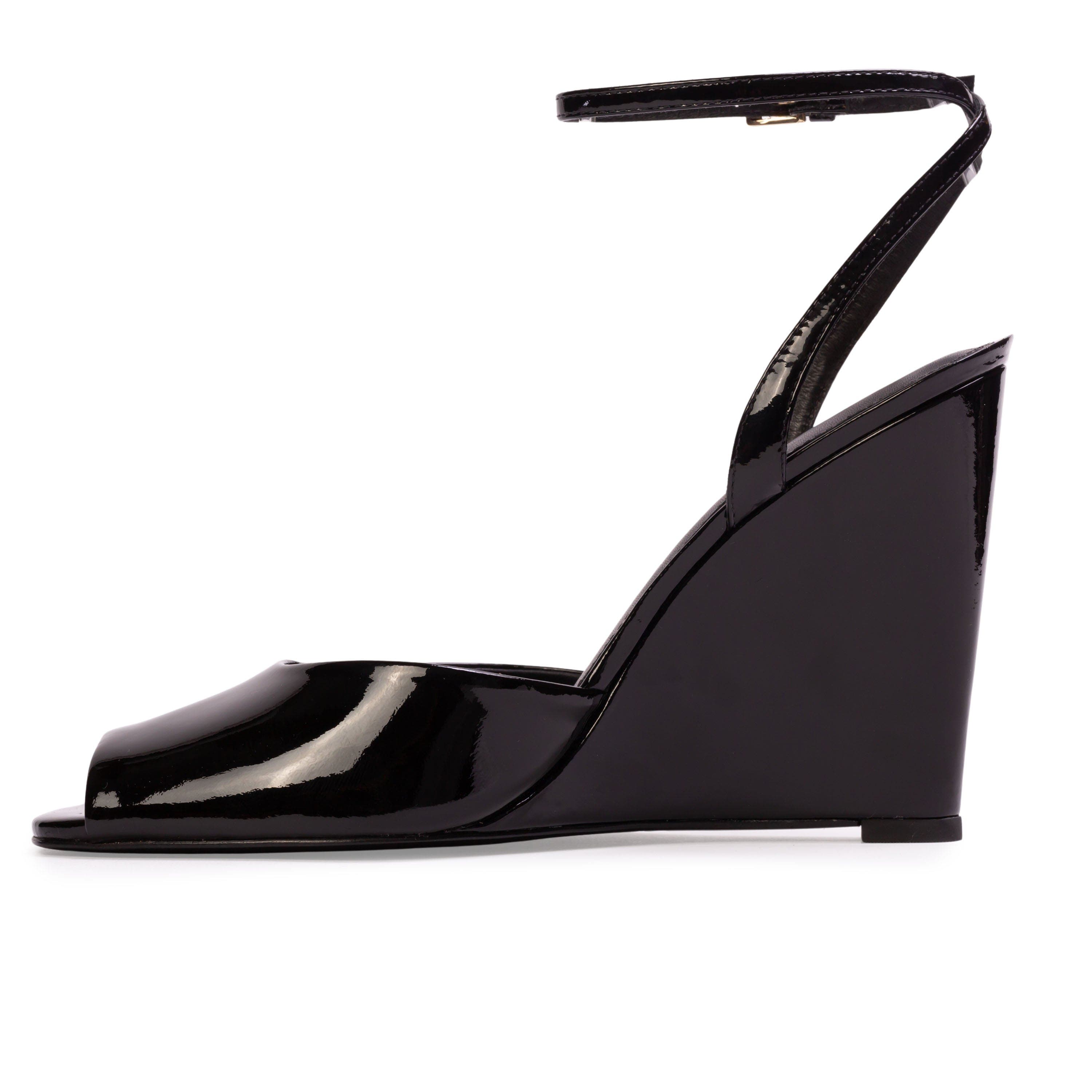 BLACK SUEDE STUDIO Idetta 100 Wedge  Sandal, Alternate, color, Black Patent Leather