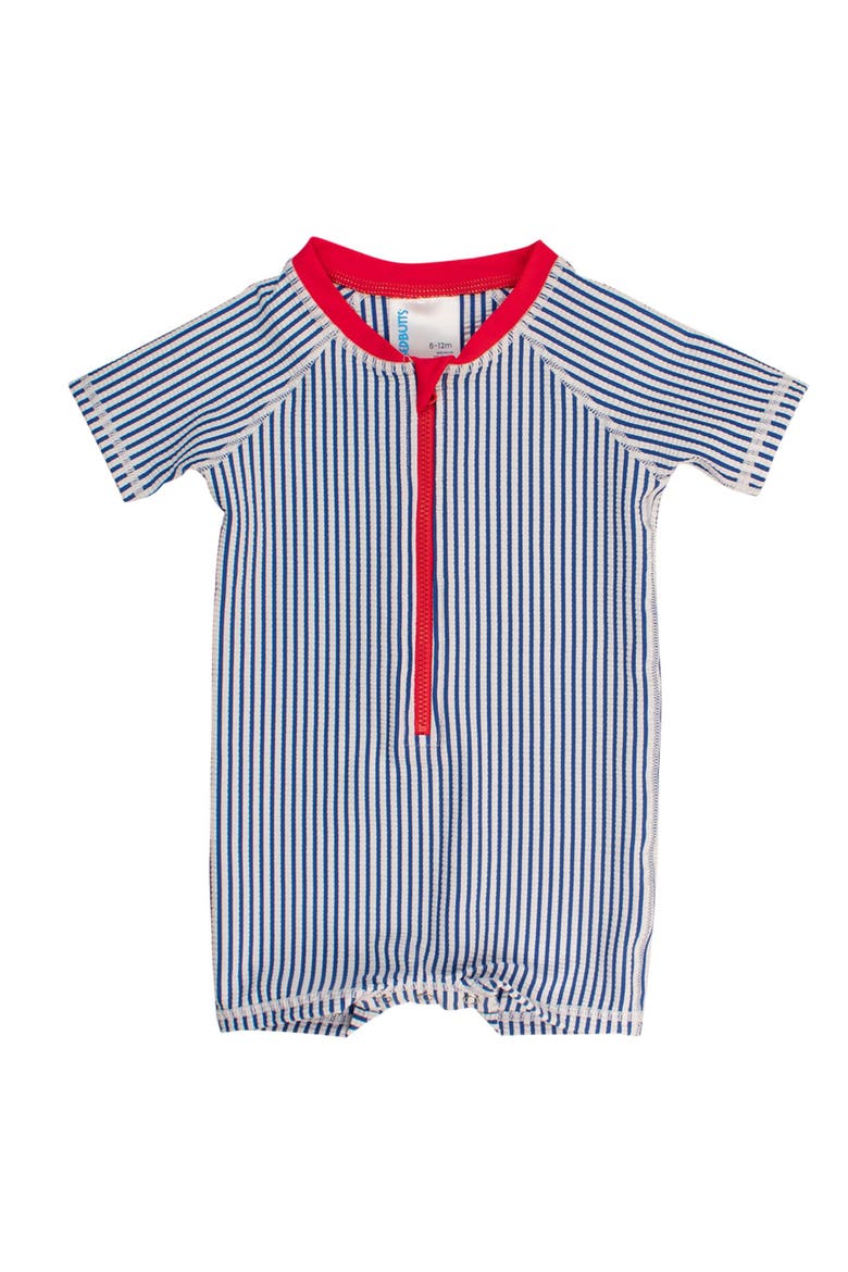 Baby Boys UPF50+ Seersucker Short Sleeve One Piece Rash Guard, Main, color, Blue Seersucker