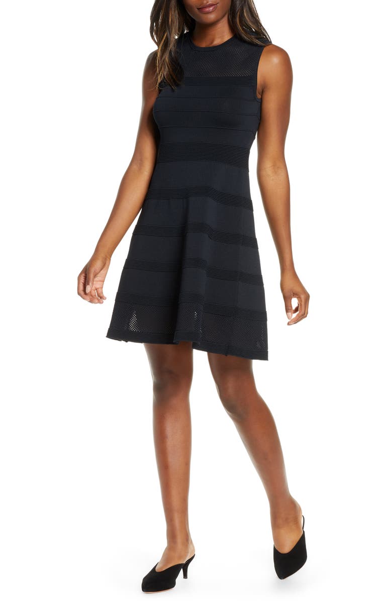 Vince Camuto Sleeveless Mesh Fit & Flare Sweater Dress, Main, color, 