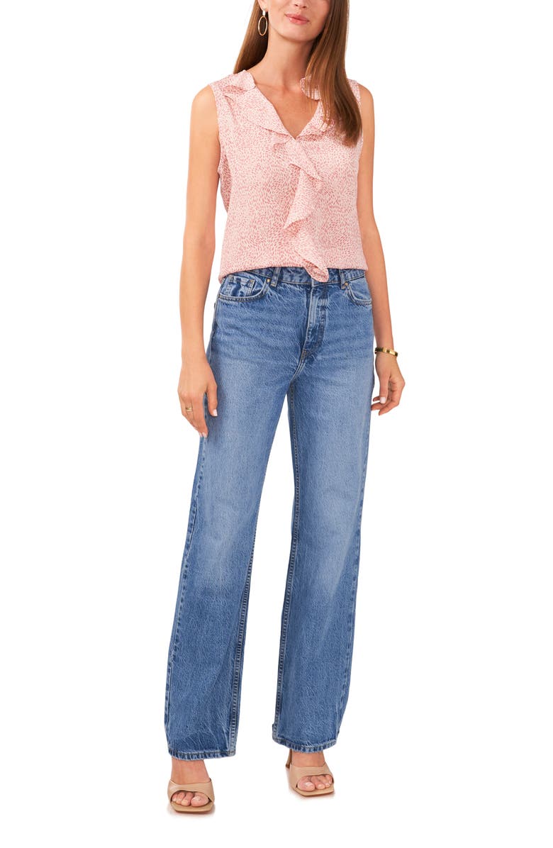 Vince Camuto Abstract Floral Ruffle Neck Sleeveless Top, Alternate, color, Pink Orchid