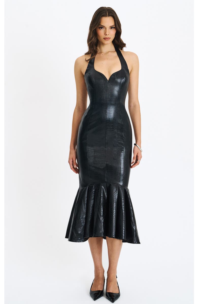 Miss Circle Gardenia Faux Leather Midi Sweetheart Halter Flared Dress, Main, color, Black