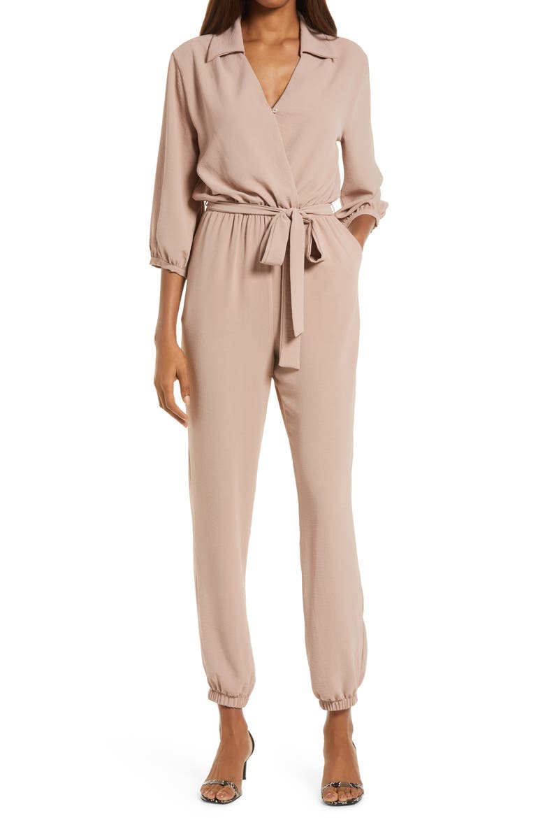Tie Waist Long Sleeve Jumpsuit, Main, color, BEIGE/ KHAKI