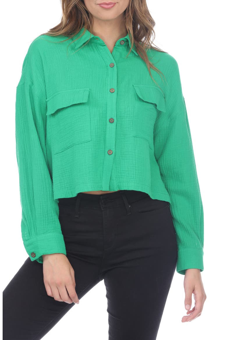 Cropped Cotton Gauze Button-Up Shirt, Main, color, GREEN