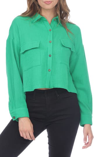 Rain And Rose Cropped Cotton Gauze Button-up Shirt In Green
