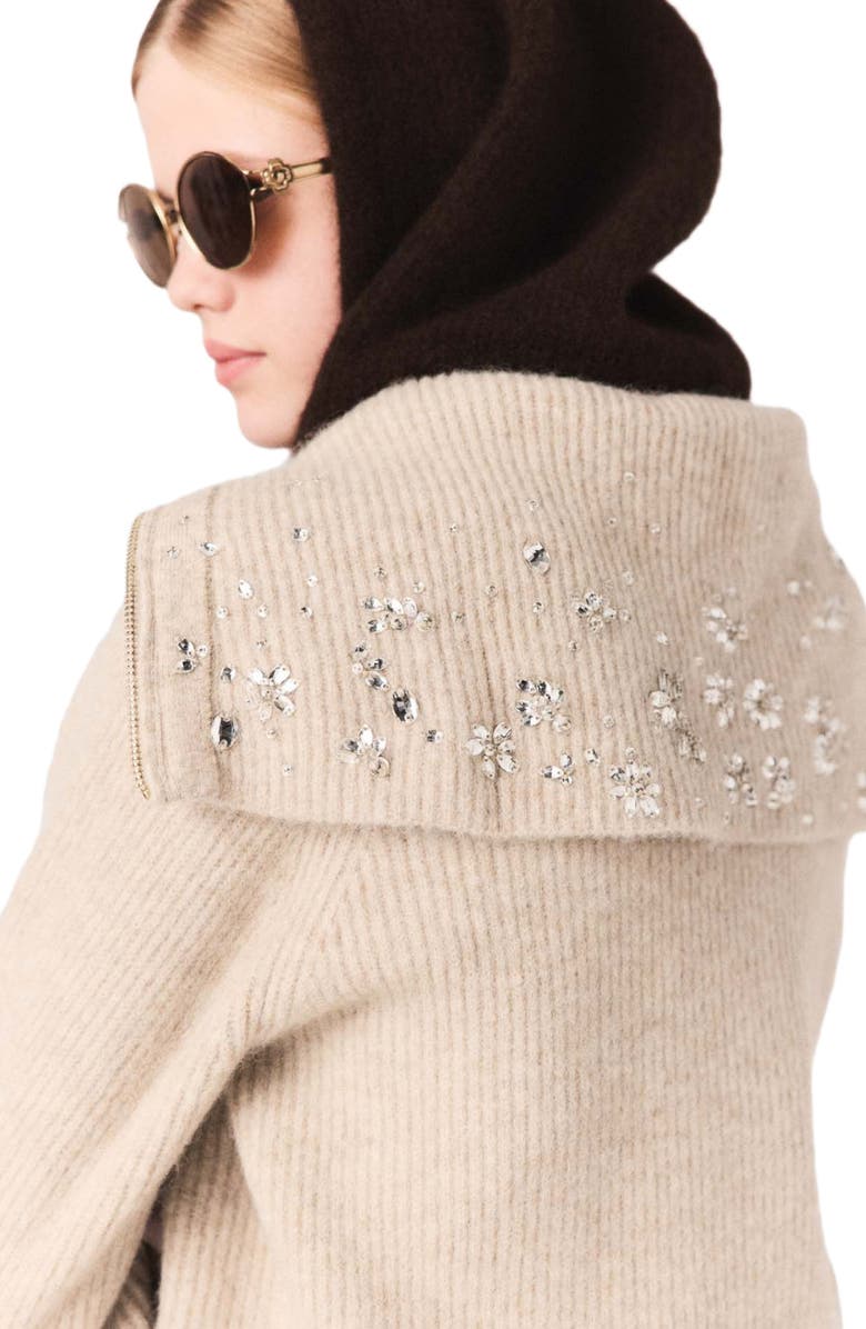 maje Rhinestone sweater with half-zip, Alternate, color, Beige
