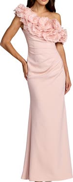 Mac Duggal Crepe One Shoulder Gown with 3D Floral Applique