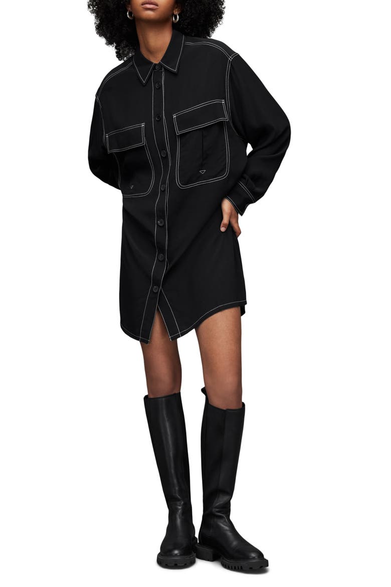 Vita Long Sleeve Shirtdress, Main, color, BLACK