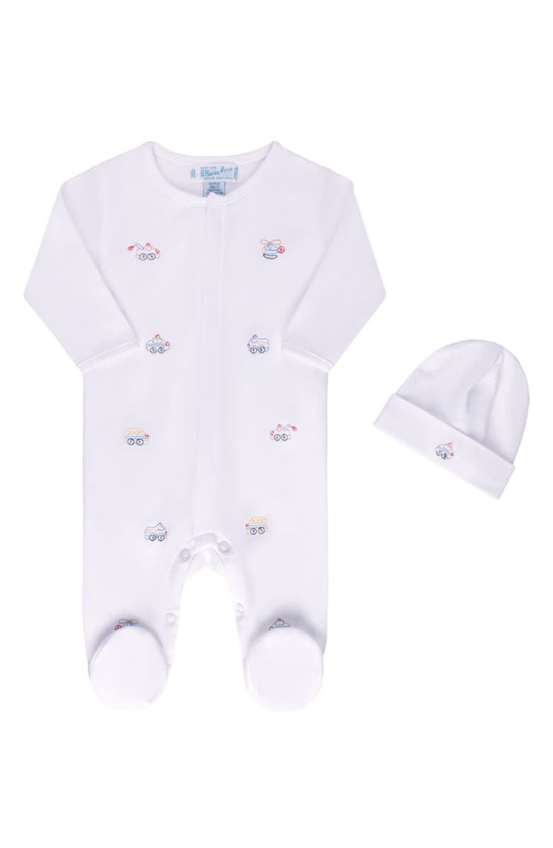 Feltman Brothers Vehicle Cotton Footie & Hat Set, Main, color, White