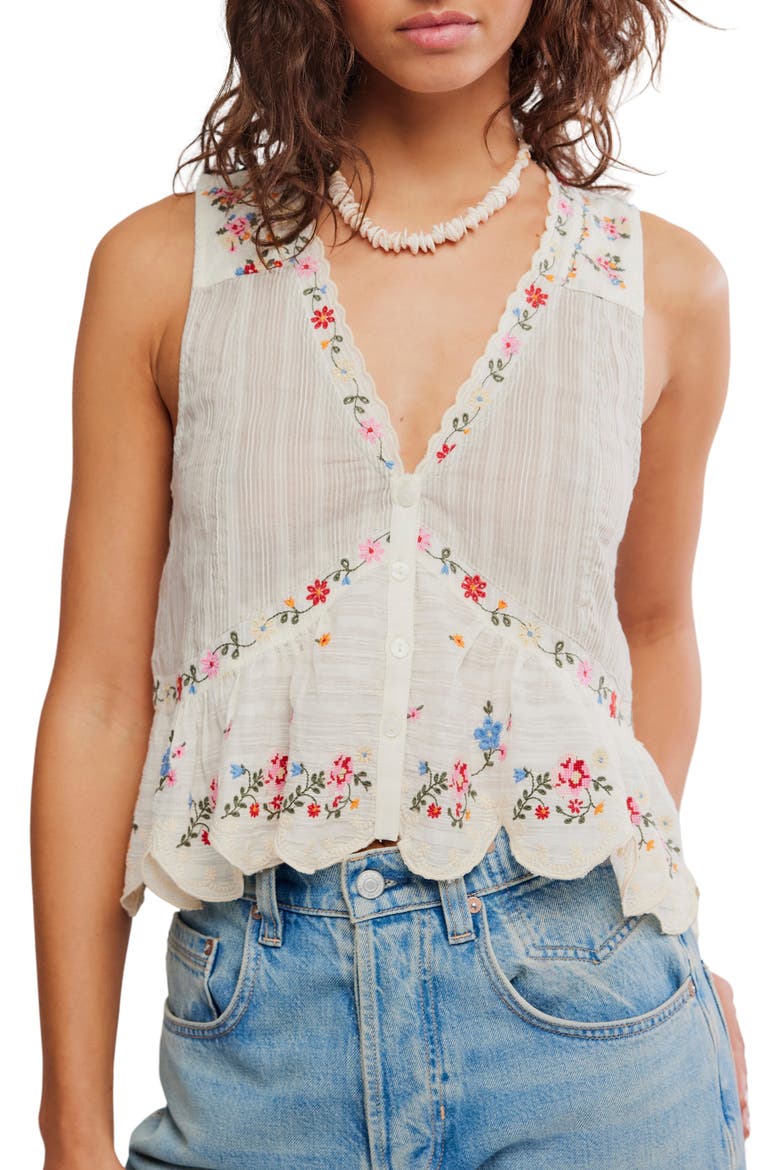 Ellis Embroidered Cotton Button-Up Top, Main, color, TEA COMBO