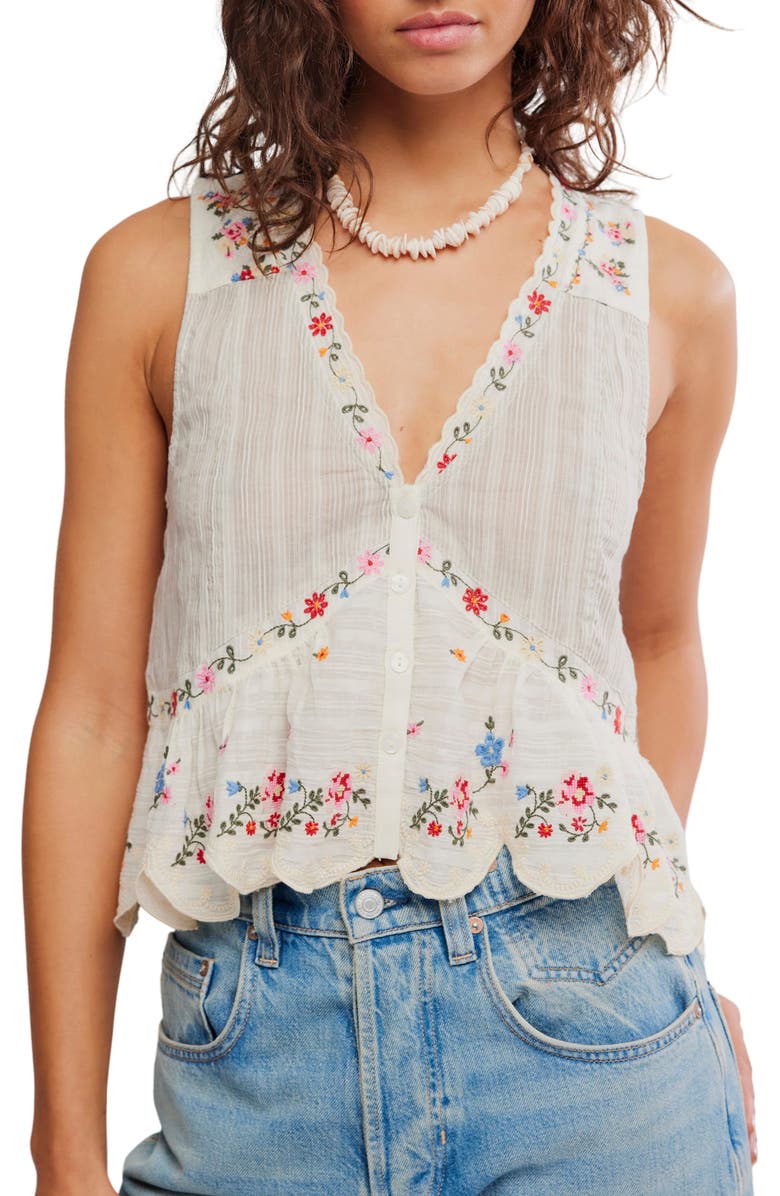 Free People Ellis Embroidered Cotton Button-Up Top, Main, color, Tea Combo