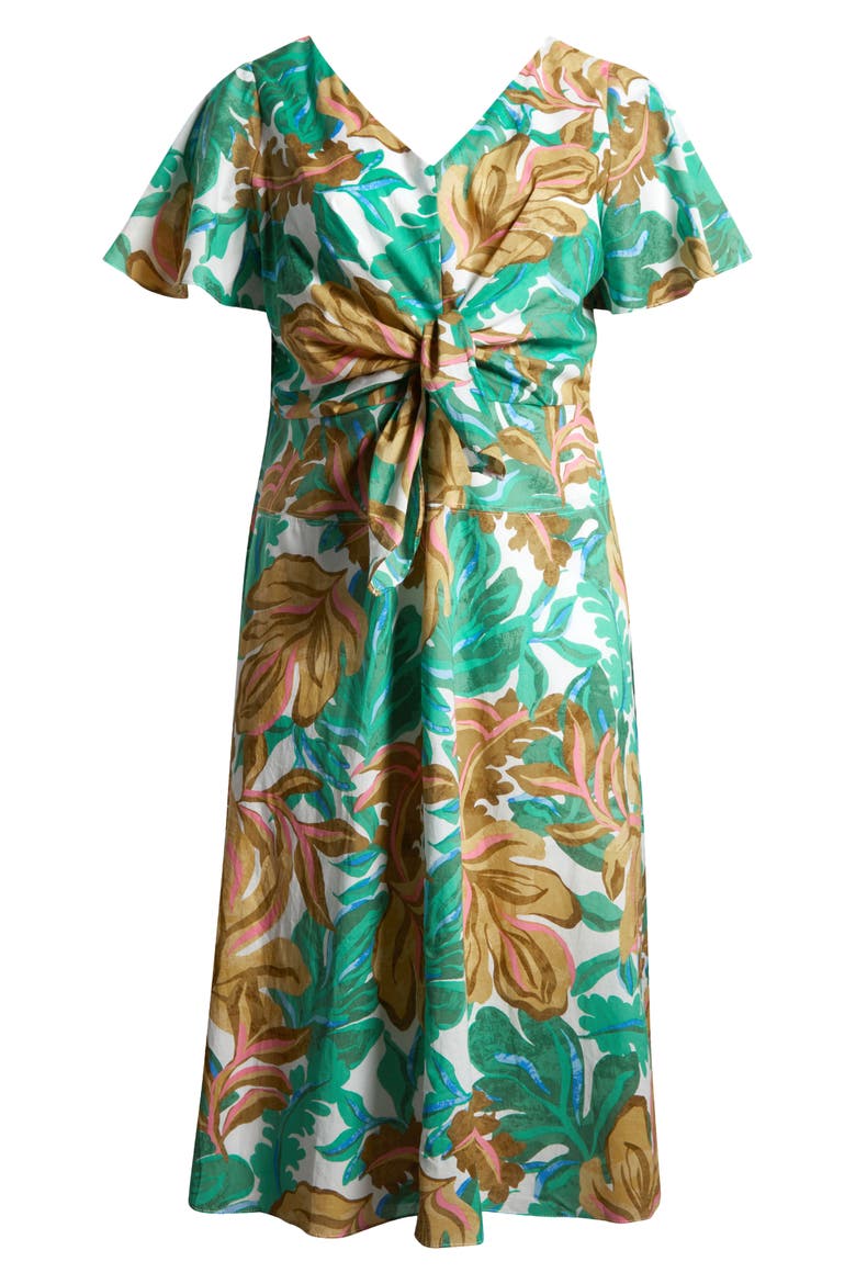Front Tie Short Sleeve Cotton Midi Dress, Alternate, color, SOFT WHITE/ GOLDEN OLIVE