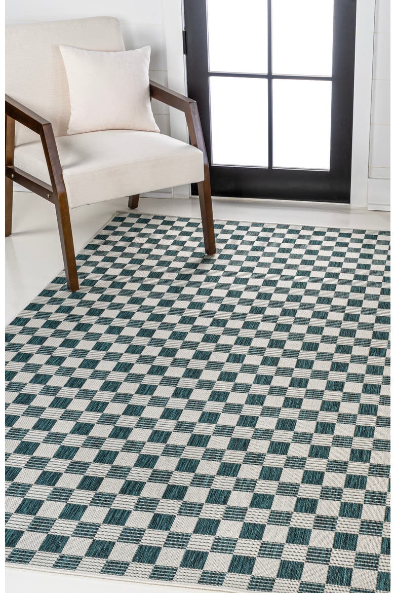 Aimee Traditional Cottage Checkerboard Indoor/Outdoor Area Rug, Alternate, color, Turquoise/Cream