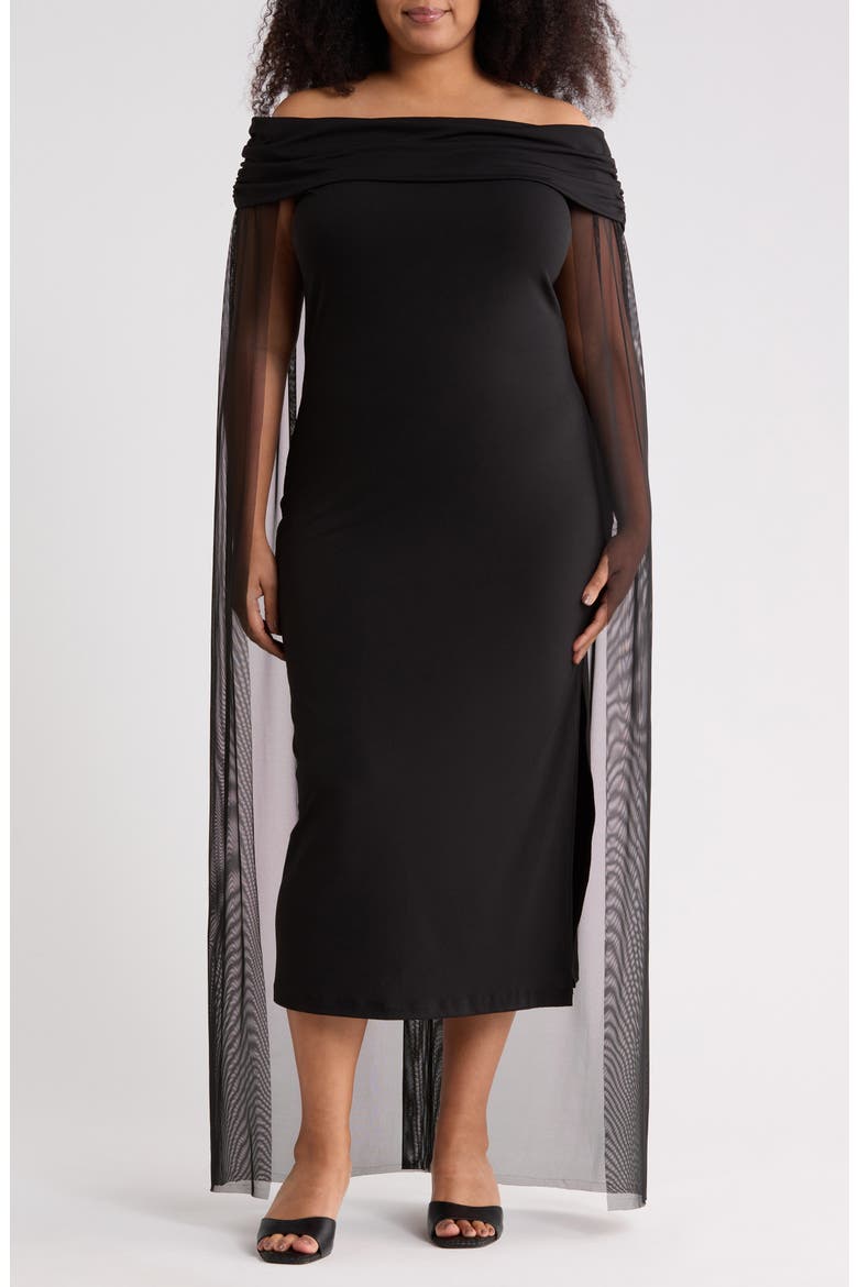 Waverly Off the Shoulder Cape Dress, Main, color, BLACK