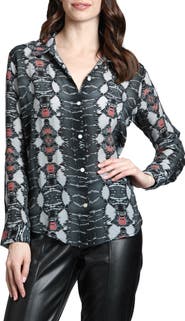 APNY Abstract Print Roll Tab Sleeve Chiffon Button-Up Shirt