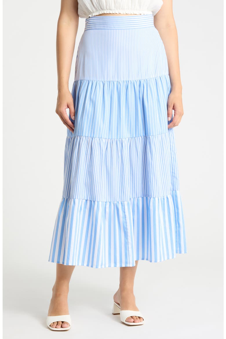 Shelly Tiered Midi Skirt, Main, color, SKY/ WHITE
