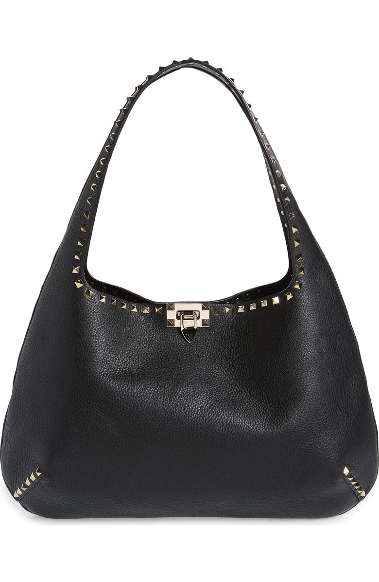 Valentino Garavani Rockstud Leather Hobo Bag, Main, color,