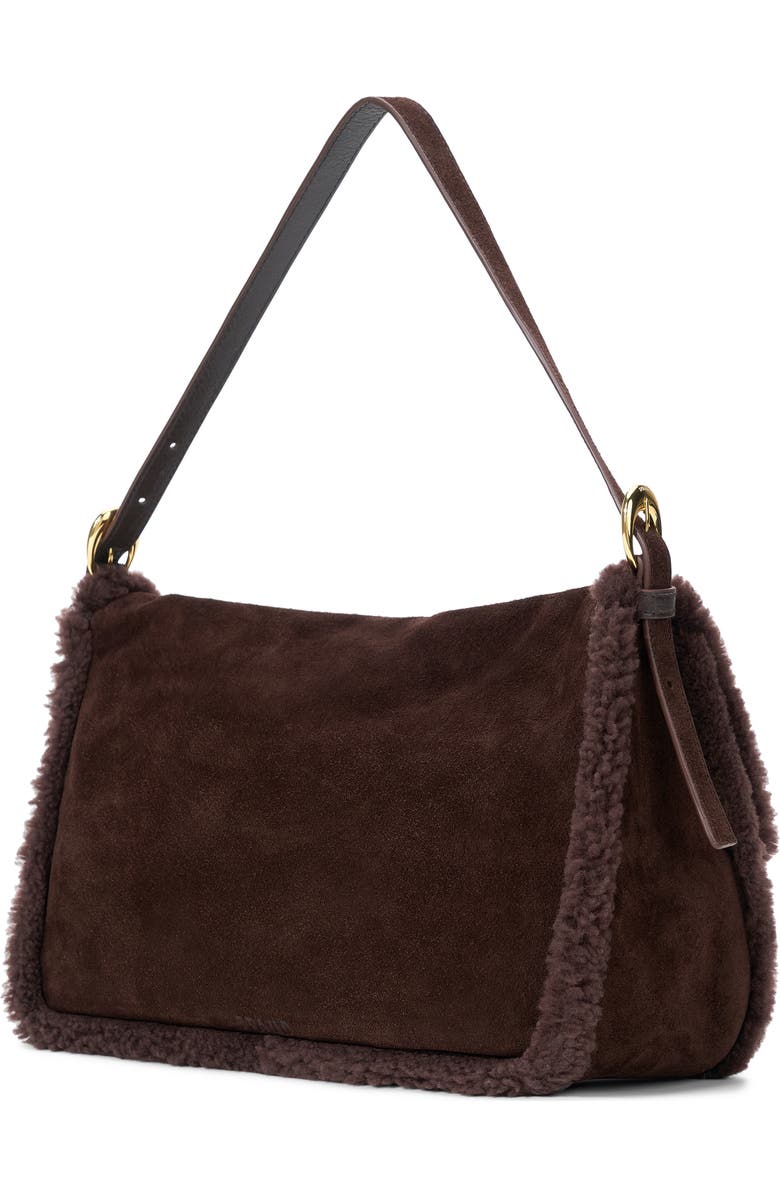 STAUD Medium Harlow Suede Shoulder Bag with Faux Shearling Trim, Alternate, color, Espresso