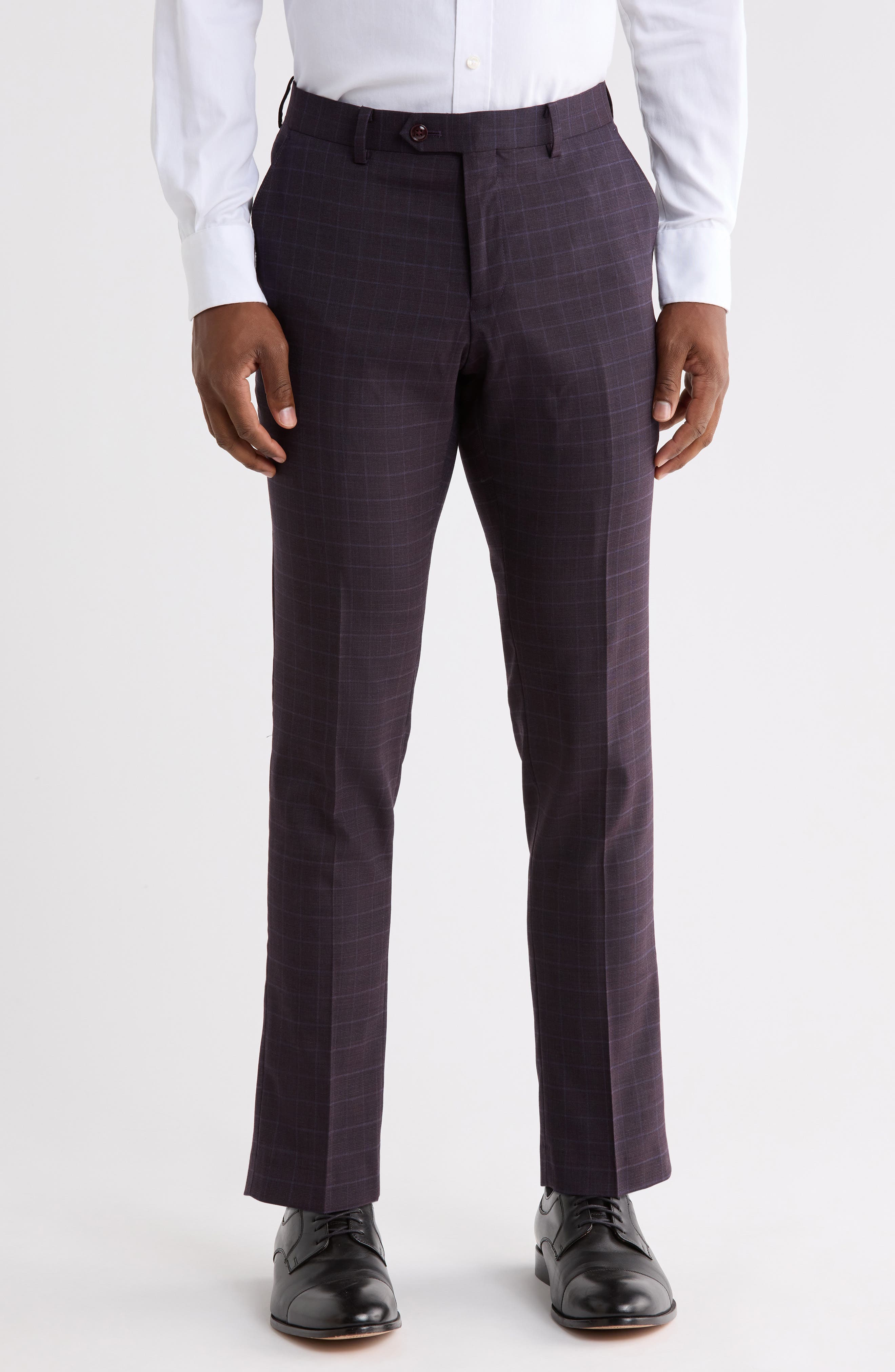 Plaid Flat Front Wool Blend Straight Leg Pants