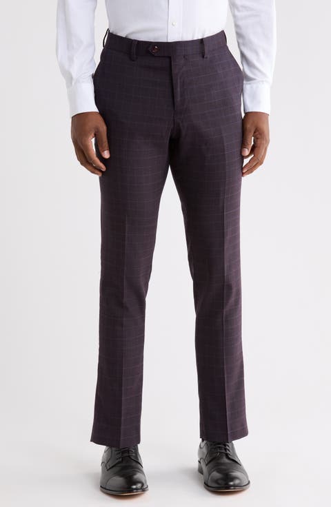Plaid Flat Front Wool Blend Straight Leg Pants