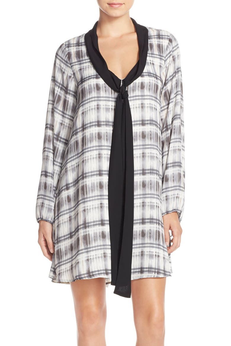 Print Tie Neck Crepe Dress, Alternate, color, WHITE/ GREY