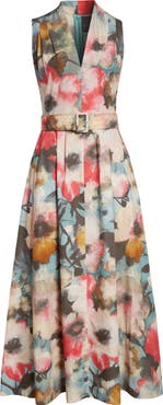 Lela Rose Floral Print Belted Cotton Dress