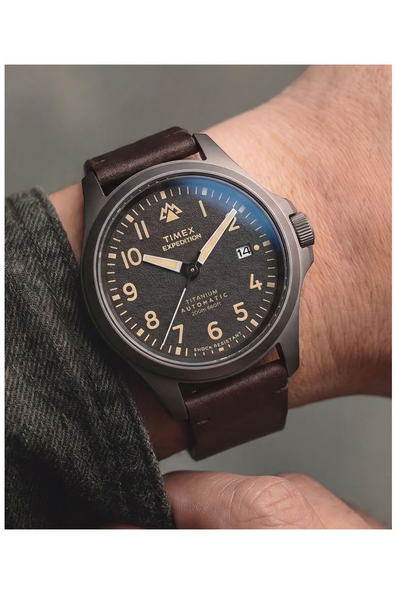 Expedition North Field Post Automatic Leather Strap Watch, 41mm, Alternate, color, BROWN