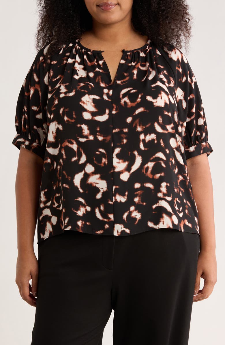 NORDSTROM RACK Gathered Neck Puff Sleeve Top, Main, color, Black Ivory Floral Camo