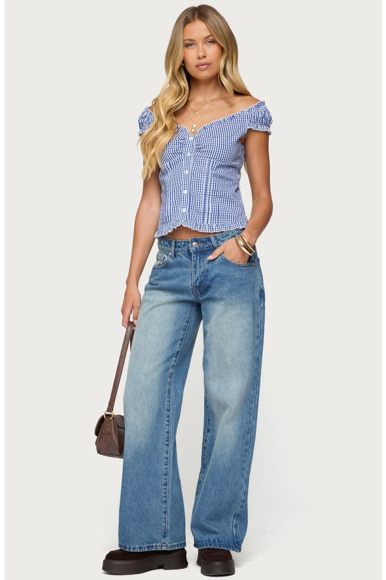 Dorothie Gingham Ruffle Crop Cotton Button-Up Shirt, Alternate, color, NAVY