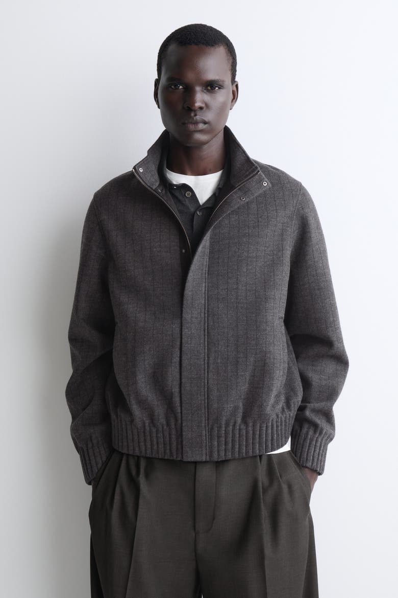 Pinstriped Bonded-jersey Bomber Jacket, Main, color, GRAY / PINSTRIPED