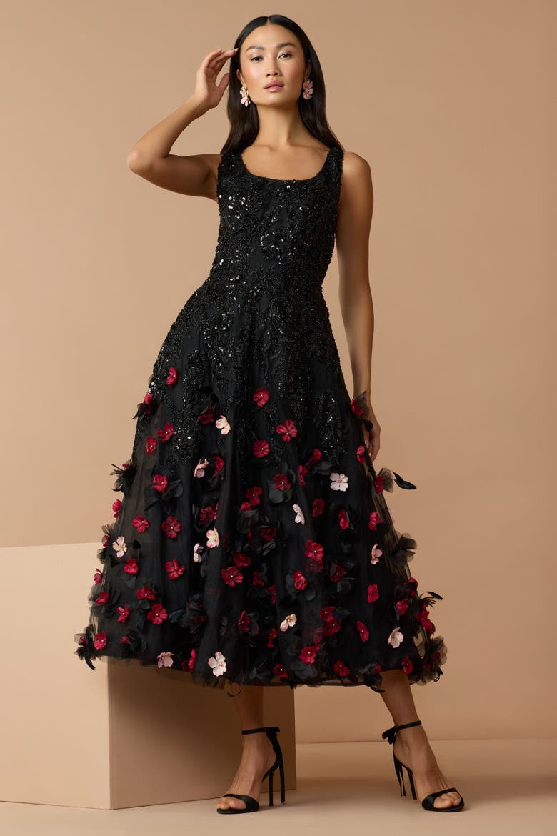 Petite Sleeveless Beaded Midi Dress With 3D Flowers, Alternate, color, Black Multi