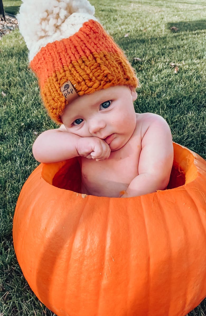 PINE + POPPY Halloween Candy Corn Pompom Hat, Alternate, color,