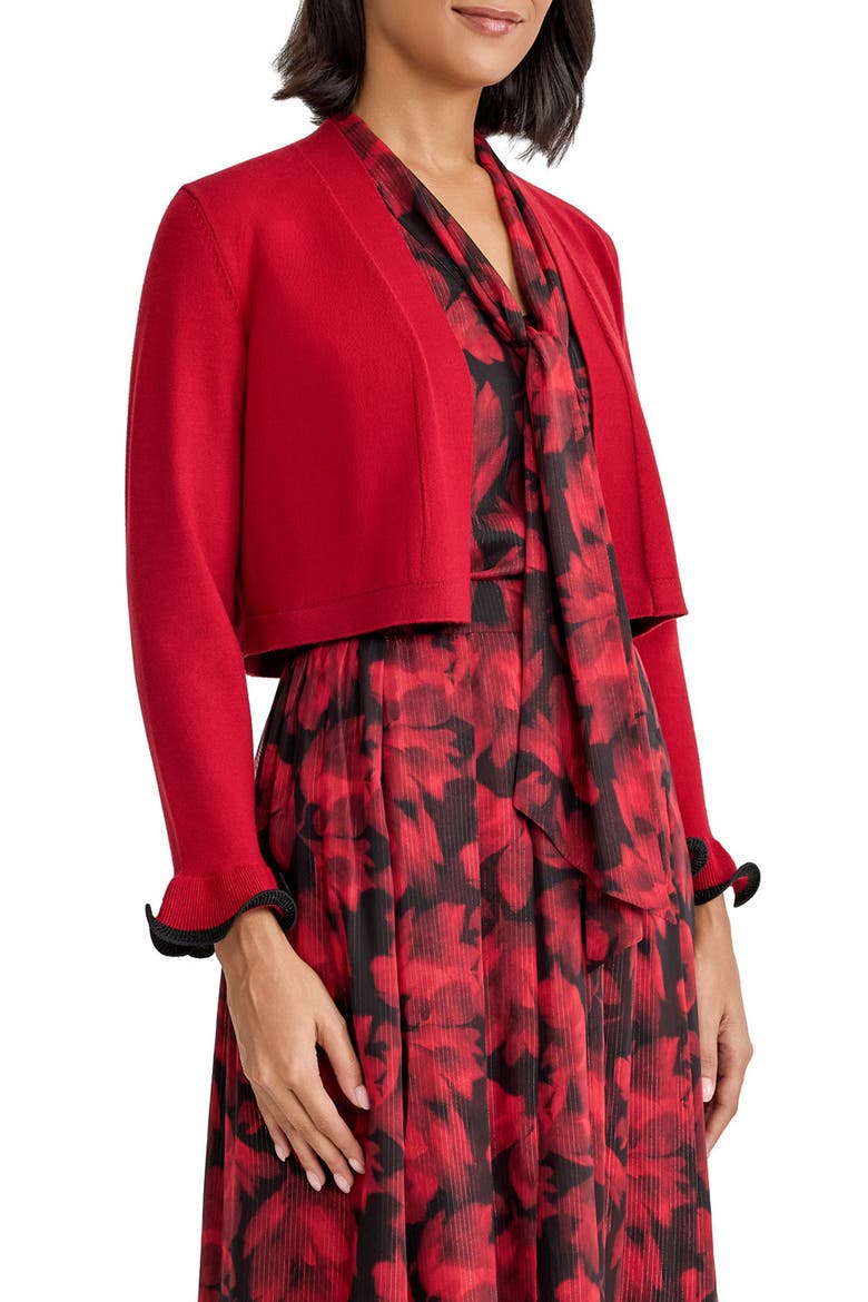 Sculptural Cuff Shrug Cardigan, Alternate, color, FIRE RED/ BLACK