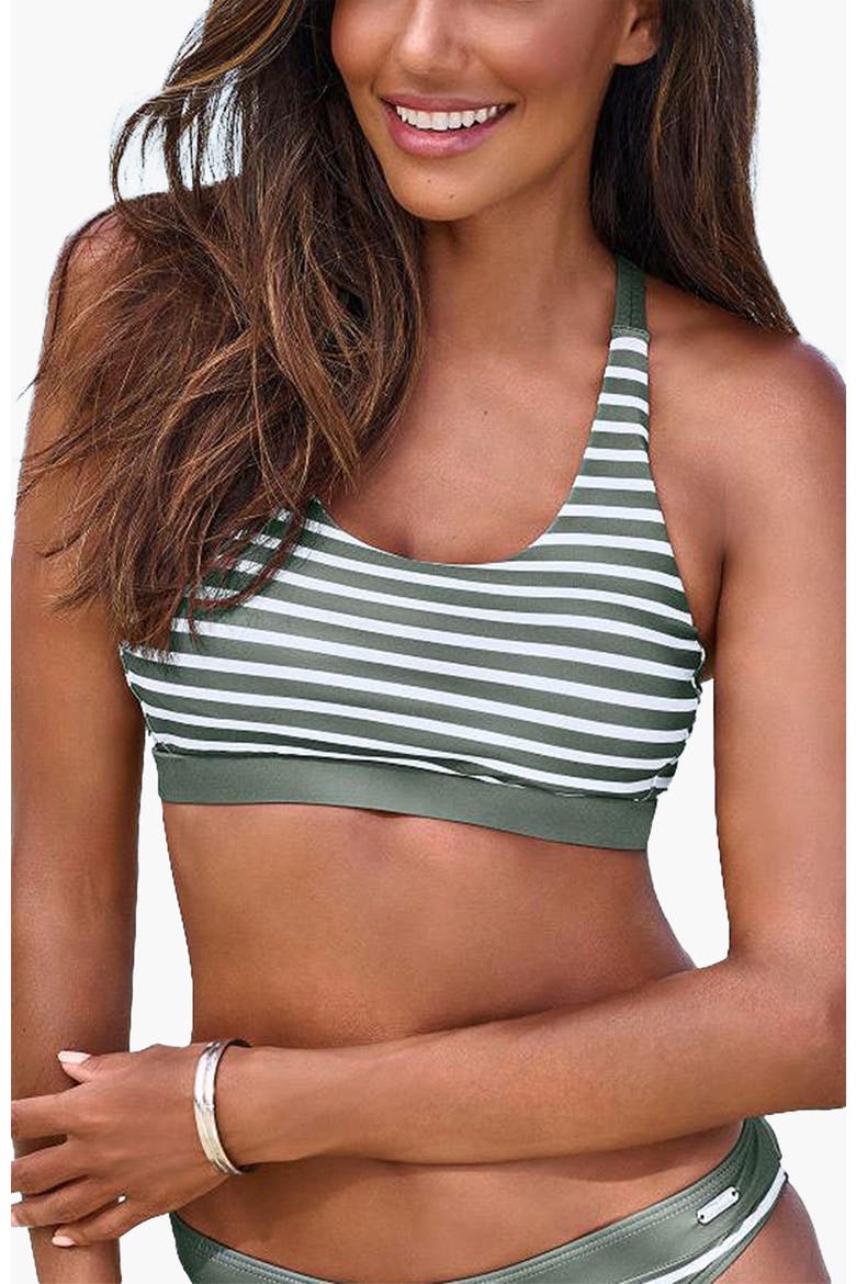 Cross Back Scoop Bikini Top bra-sized, Main, color, Olive Stripe