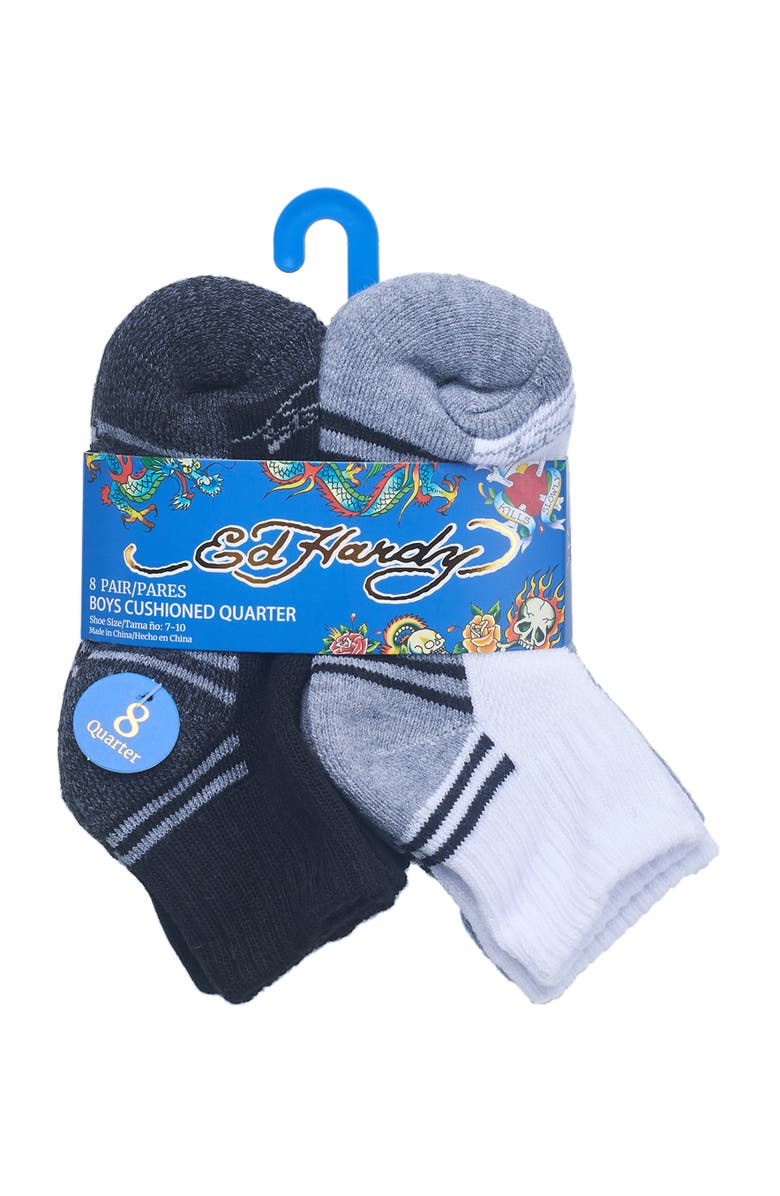Ed Hardy Athletic Half Cushion Quarter Sock 8-Pack, Alternate, color, Black White Grey