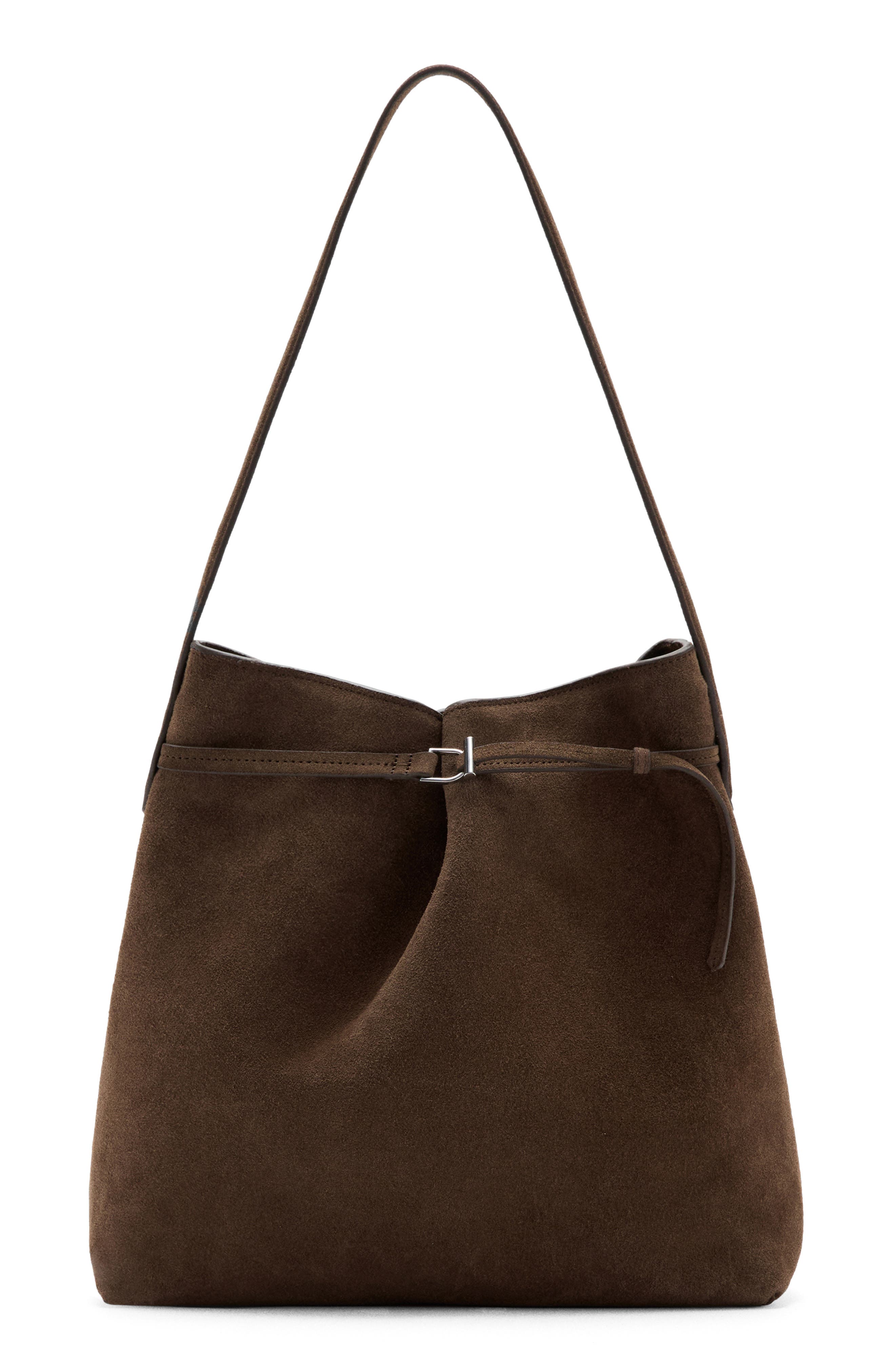 MANGO Suede Buckle Bucket Bag, Main, color, 