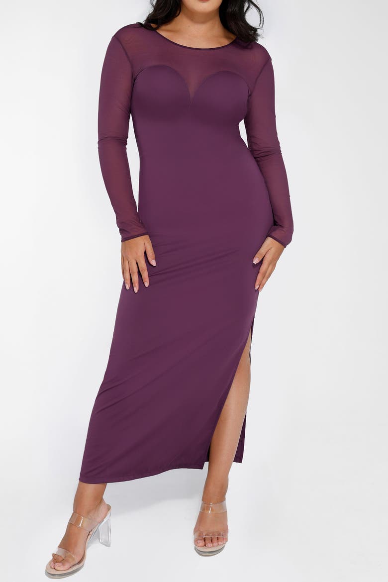 Shapewear Mesh Long Sleeve V-Back Slimming Maxi Dress, Alternate, color, Plum