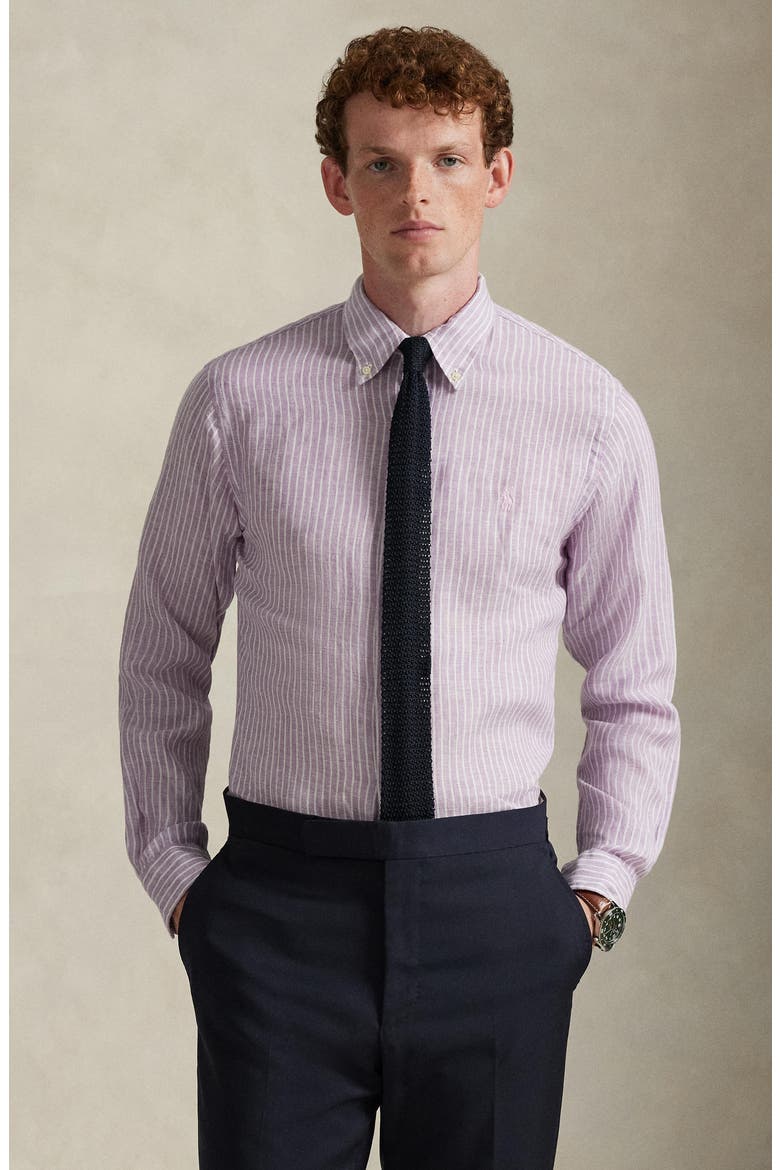 Classic Fit Stripe Linen Button-Down Shirt, Alternate, color, LAVENDER WHITE