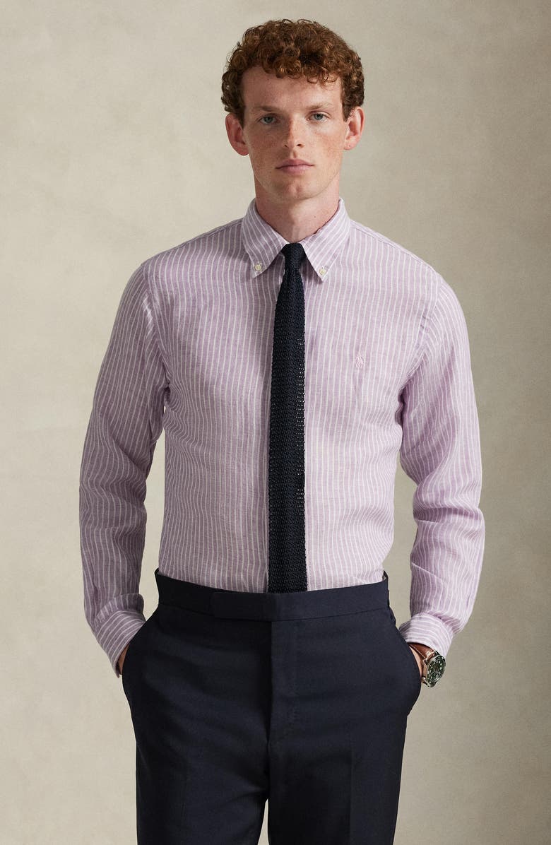Polo Ralph Lauren Classic Fit Stripe Linen Button-Down Shirt, Alternate, color, Lavender White