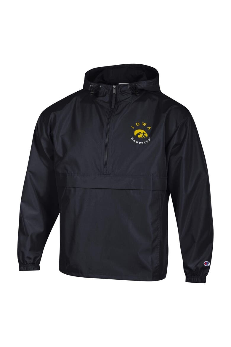 Men's Champion  Black Iowa Hawkeyes Packable Hooded Windbreaker Half-Zip Jacket, Alternate, color, Black