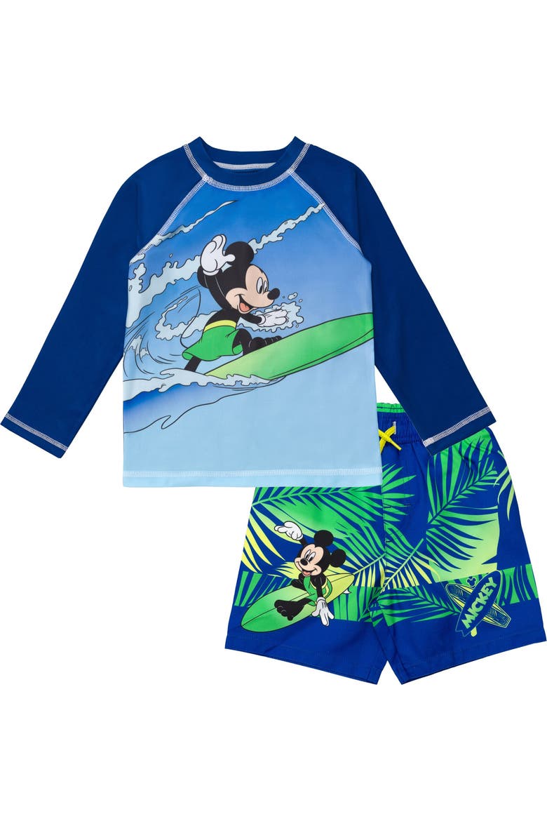 Mickey Mouse Swimwear 2-Piece Rash Guard and Swim Trunks Set, Main, color, Mickey Tropical Navy